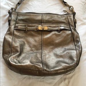 Silver Metallic COACH purse, shoulder strap